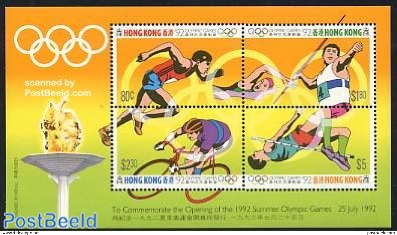 Hong Kong 1992 Olympic Games S/s, Mint NH, Sport - Athletics - Cycling - Olympic Games - Swimming - Unused Stamps