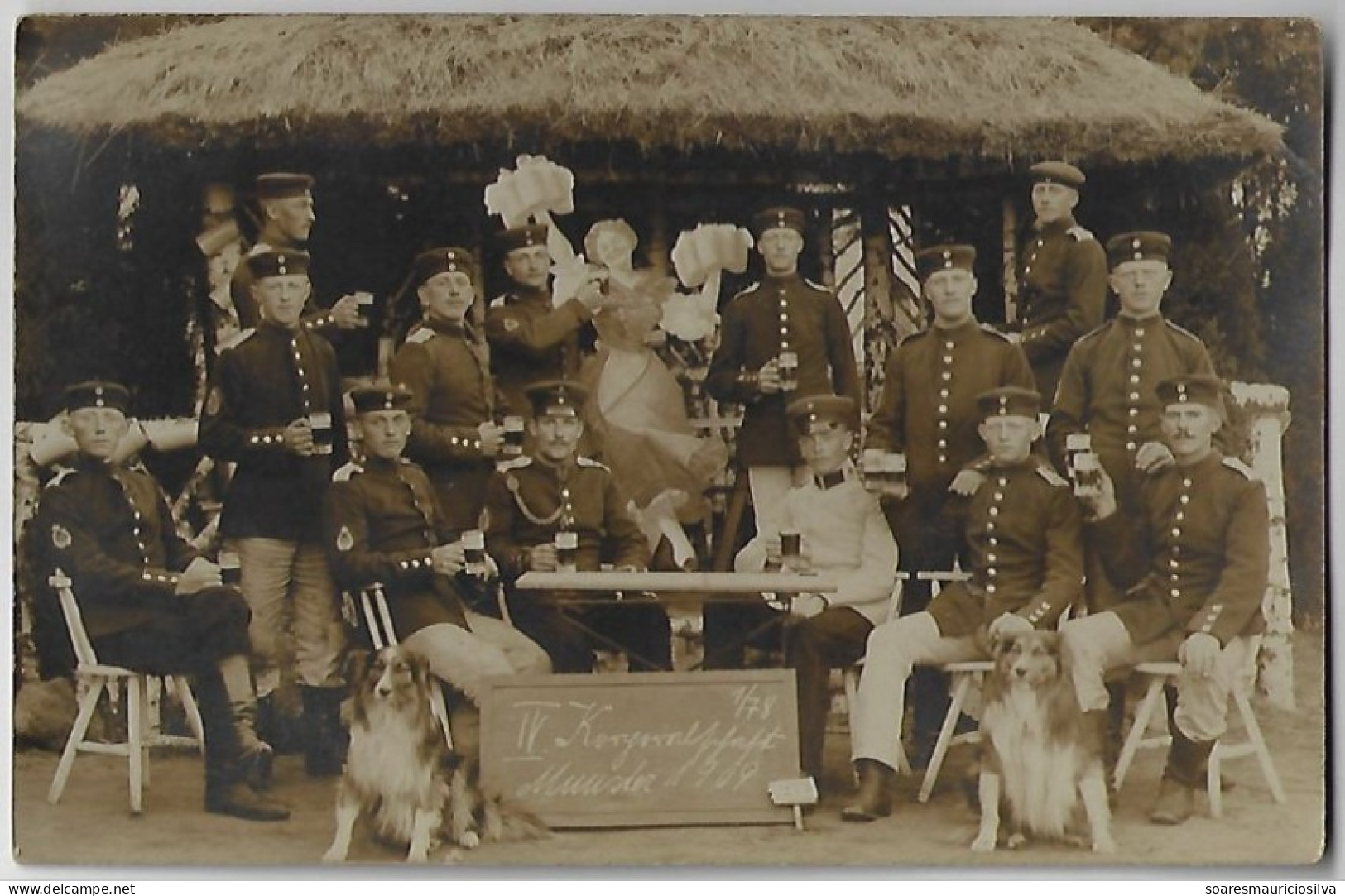Germany 1909 Postcard Photo Militaria Soldier Drinking Beer Next To Dog From Münsterlager To Meppen Editor Schubert Used - Autres & Non Classés