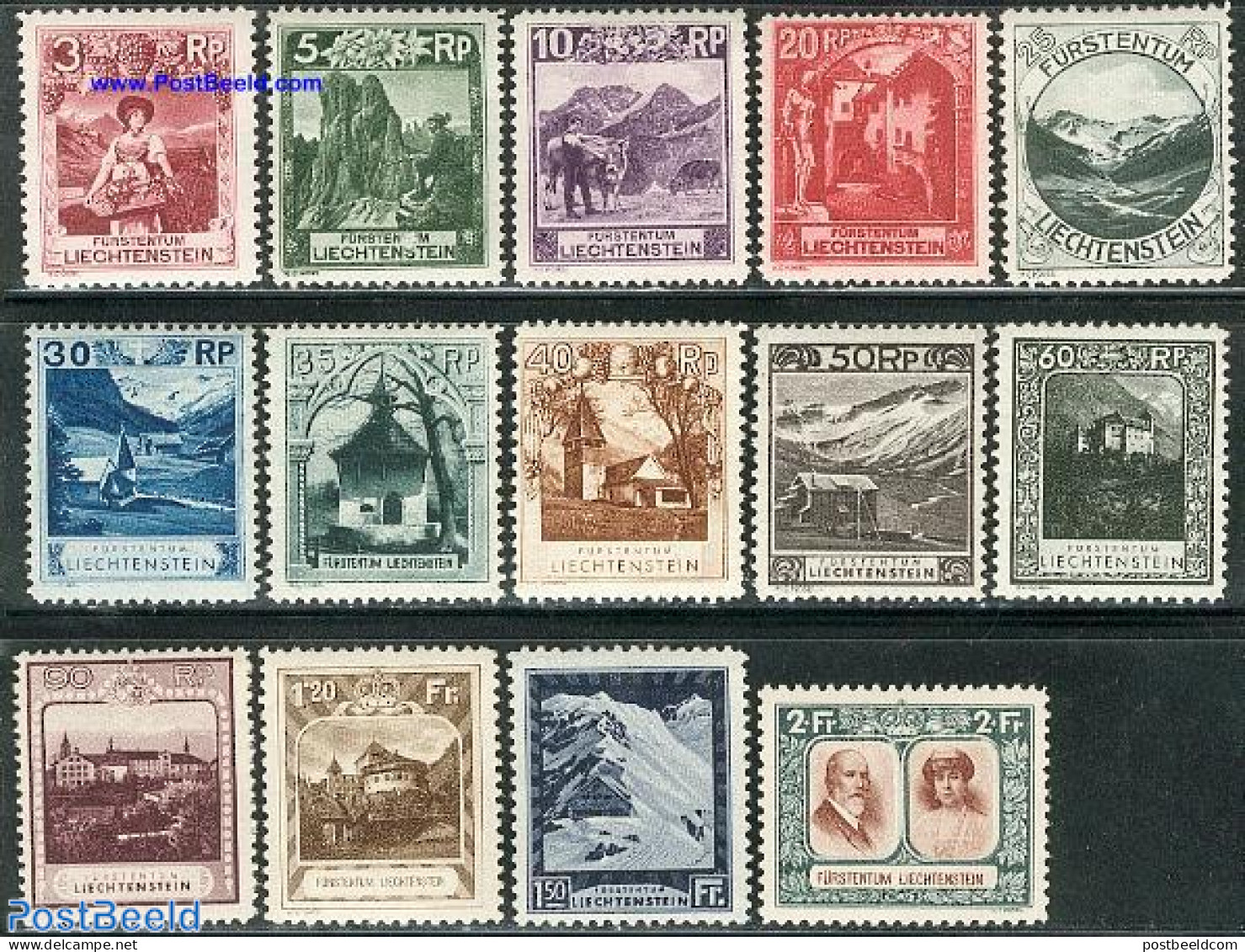 Liechtenstein 1930 Definitives 14v, Unused (hinged), Nature - Wine & Winery - Art - Castles & Fortifications - Unused Stamps
