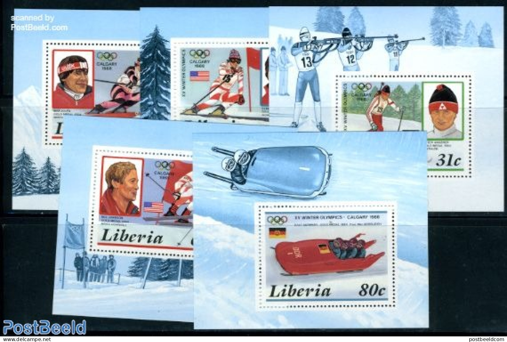 Liberia 1987 Winter Olympic Games 5 S/s, Mint NH, Sport - (Bob) Sleigh Sports - Olympic Winter Games - Skiing - Winter (Other)