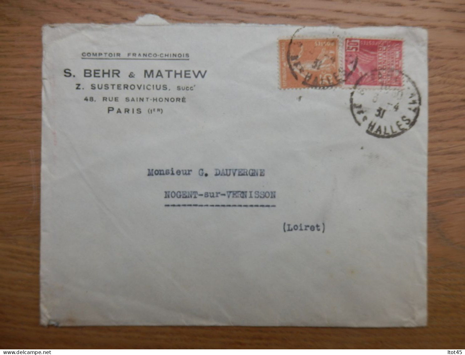 ENVELOPPE S. BEHR & MATHEW COMPTOIR FRANCO-CHINOIS PARIS 1931 - 1921-1960: Modern Period