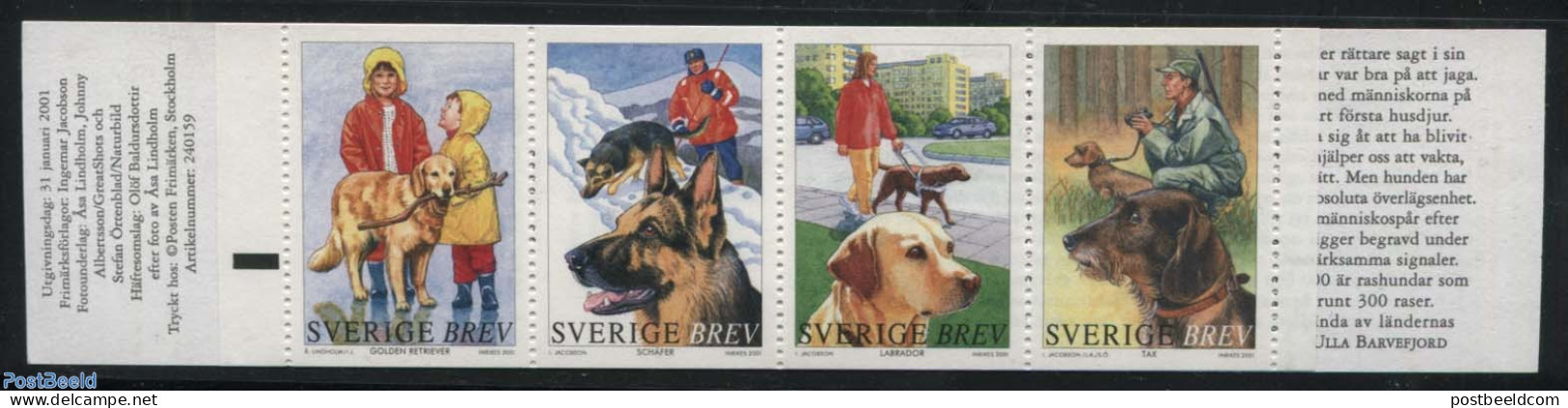 Sweden 2001 Dogs 4v In Booklet, Mint NH, Nature - Transport - Dogs - Stamp Booklets - Automobiles - Neufs