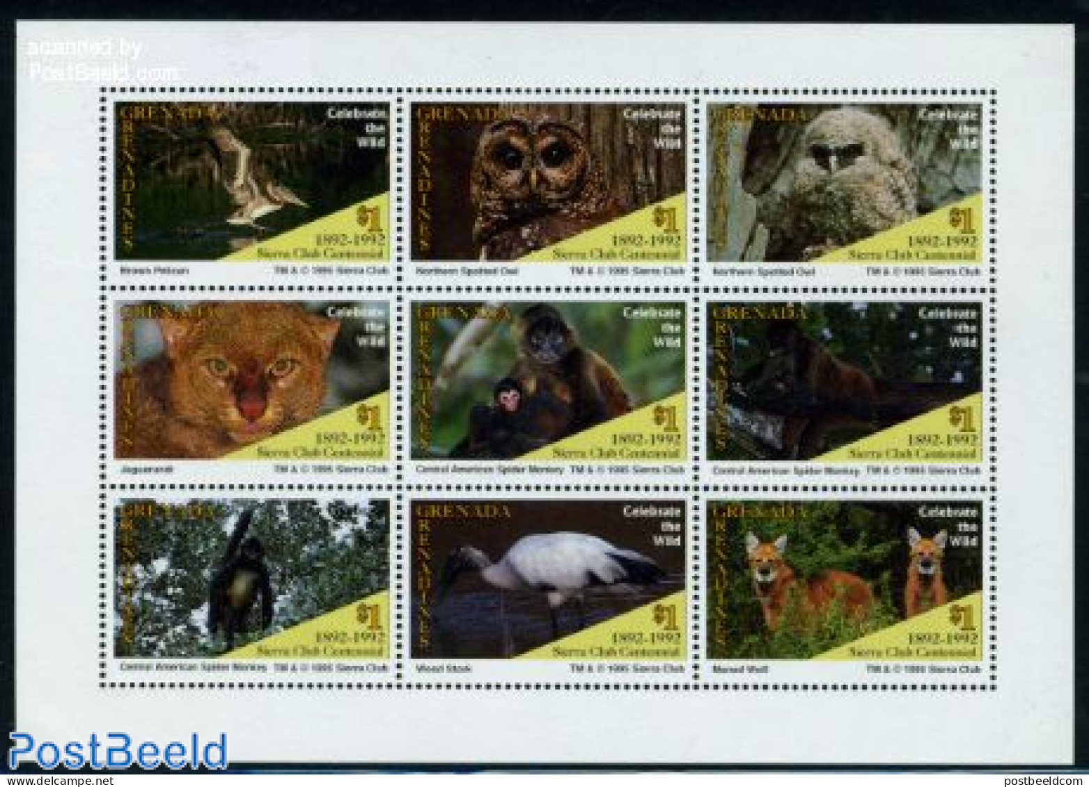 Grenada Grenadines 1995 Sierra Club 9v M/s, Mint NH, Nature - Animals (others & Mixed) - Birds - Cat Family - Monkeys .. - Grenada (1974-...)
