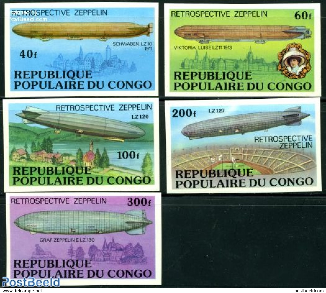 Congo Republic 1977 Zeppelin 5v Imperforated, Mint NH, Transport - Zeppelins - Zeppelins