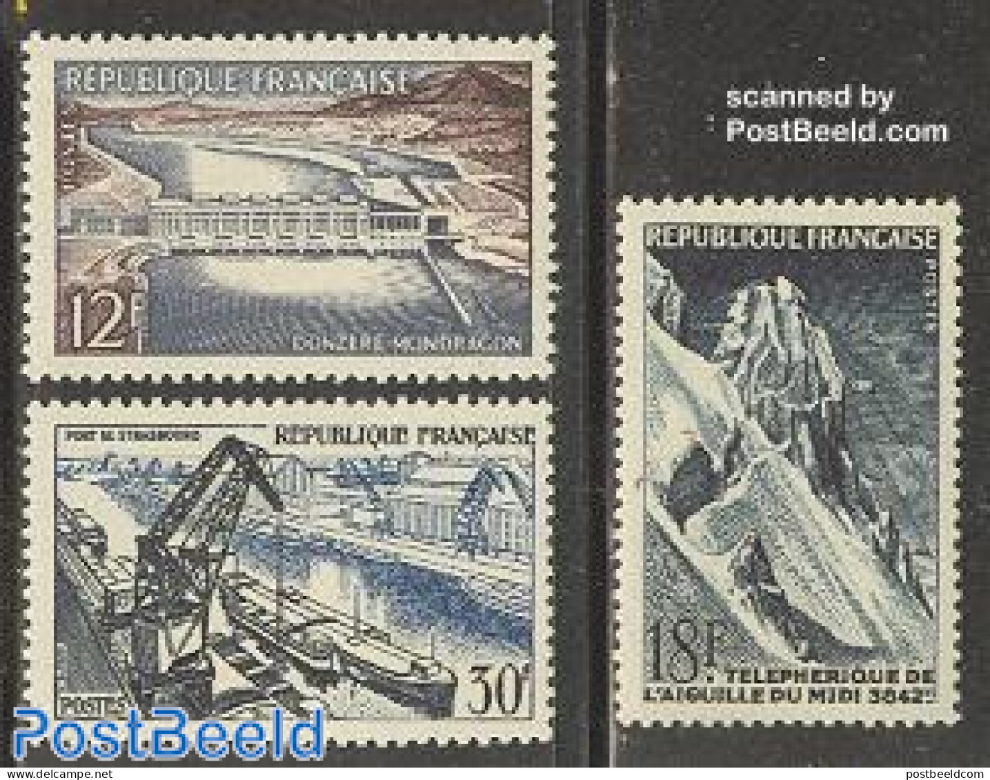 France 1956 Technical Acievements 3v, Unused (hinged), Nature - Transport - Water, Dams & Falls - Cableways - Ships An.. - Ongebruikt