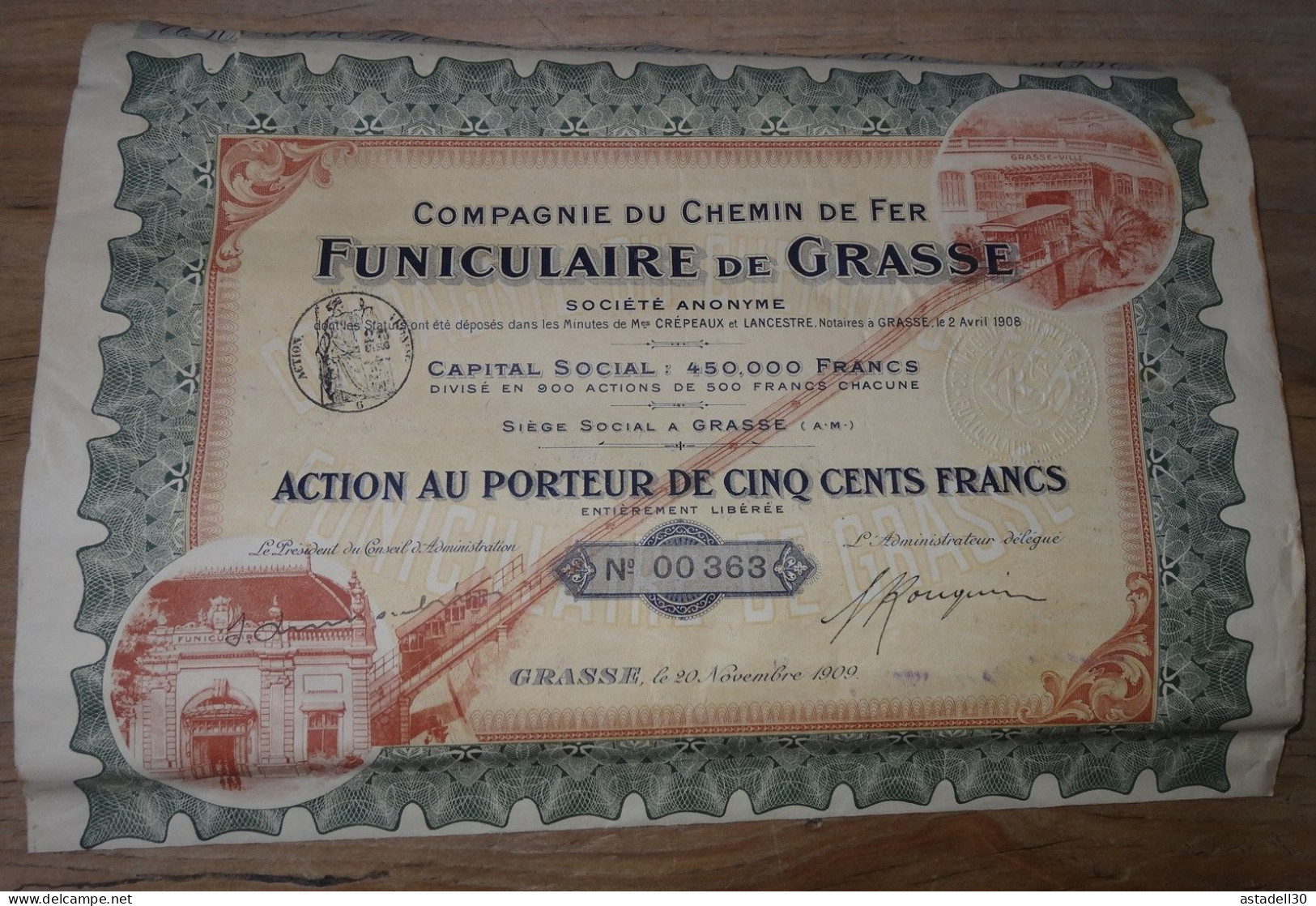 Funiculaire De GRASSE, Rare Action De 500 Francs - 1909  .......  CL9-31a - Chemin De Fer & Tramway