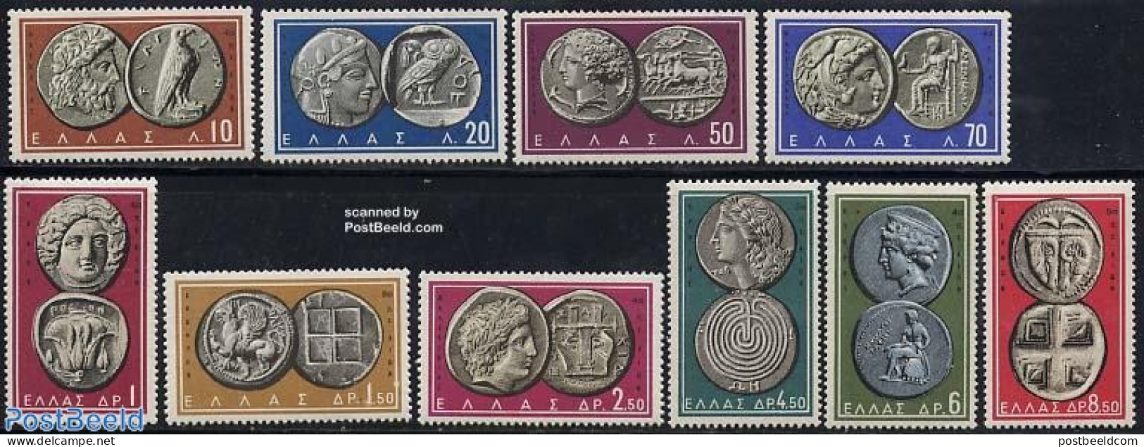Greece 1959 Antique Coins 10v, Unused (hinged), Nature - Religion - Various - Birds - Birds Of Prey - Horses - Owls - .. - Unused Stamps