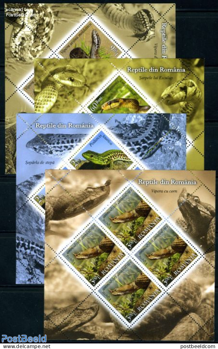 Romania 2011 Reptiles 4 M/s, Mint NH, Nature - Animals (others & Mixed) - Reptiles - Snakes - Unused Stamps