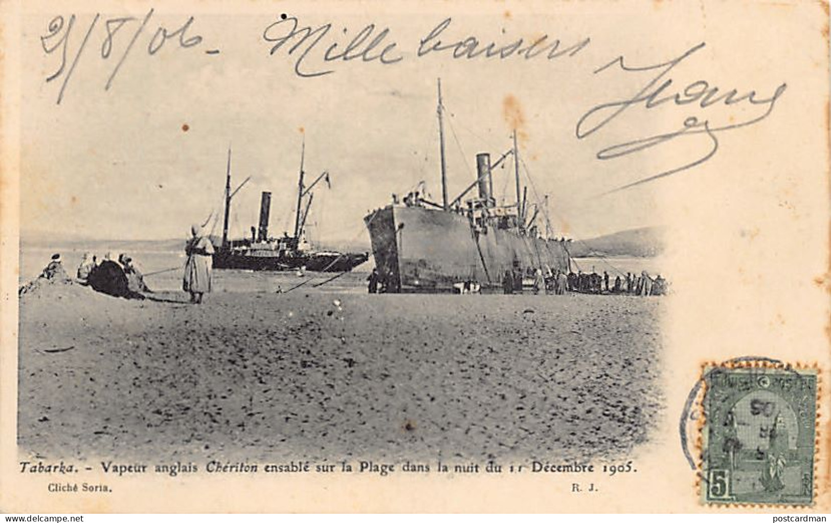 Tunisie - TABARKA - Vapeur Anglais Chériton Ensablé Sur La Plage Dans La Nuit Du 11 Décembre 1905 - Ed. Soria R. J.  - Tunisia