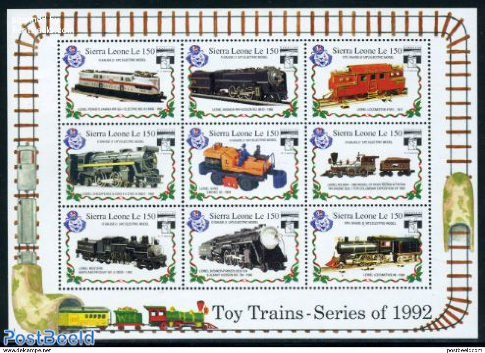 Sierra Leone 1992 Genova 92 9v M/s, Lionel Pensylvania RR GG-1 Elect, Mint NH, Transport - Various - Railways - Toys &.. - Treinen