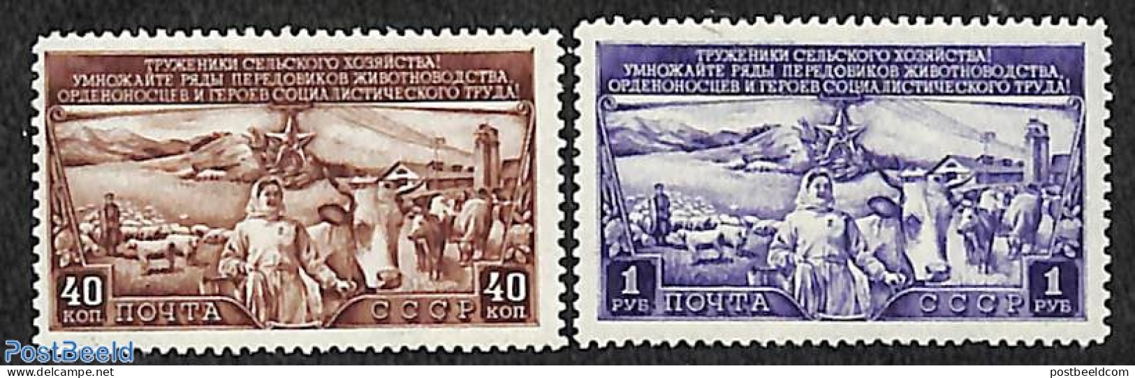 Russia, Soviet Union 1949 Cattle 2v, Mint NH, Nature - Cattle - Unused Stamps