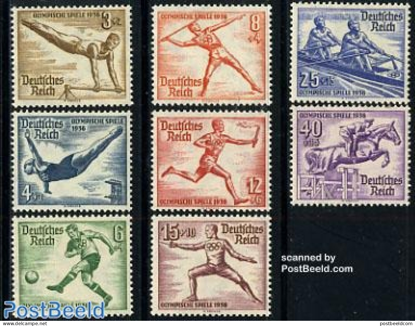 Germany, Empire 1936 Olympic Games 8v, Mint NH, Nature - Sport - Horses - Athletics - Fencing - Football - Kayaks & Ro.. - Neufs