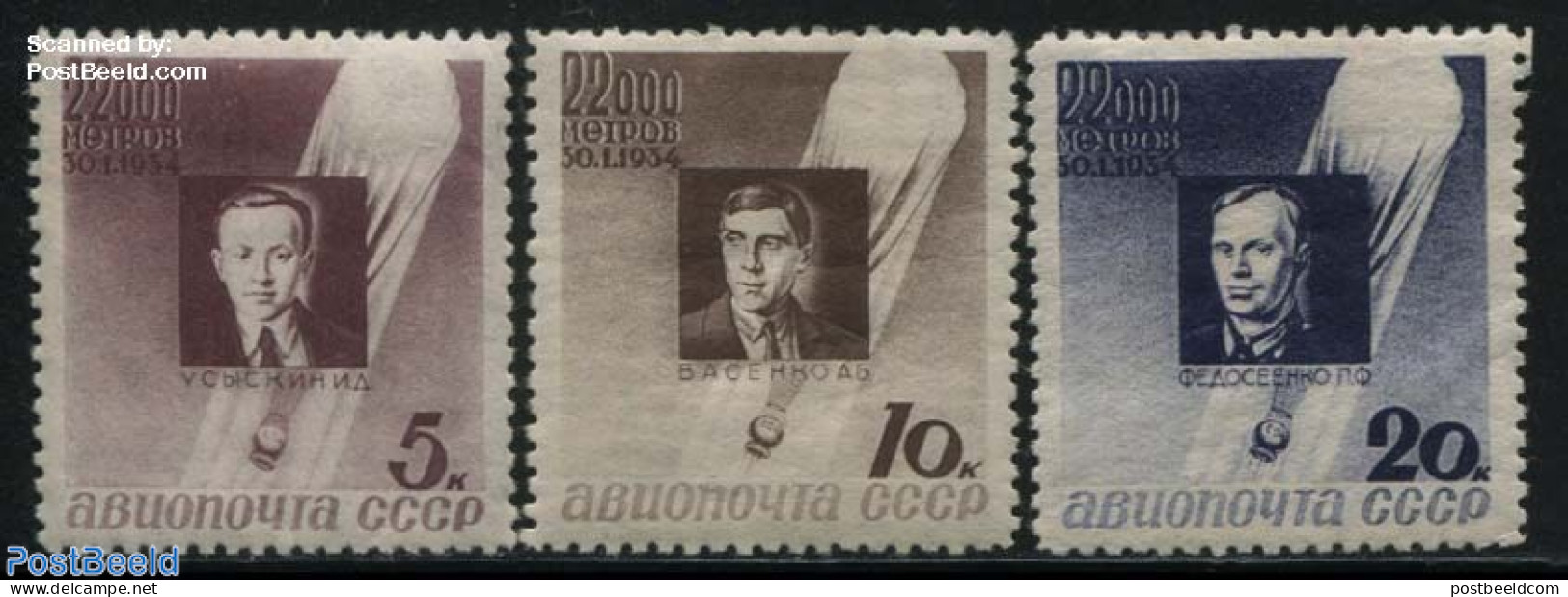 Russia, Soviet Union 1934 Stratosphere Flight 3v, Unused (hinged), History - Transport - Balloons - Disasters - Unused Stamps