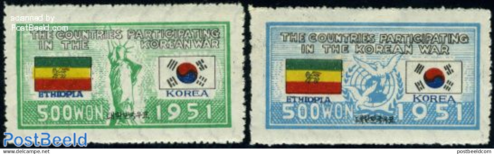 Korea, South 1951 UNO War Support, Ethiopia 2v, Unused (hinged), History - Nature - Flags - United Nations - Birds - Korea, South