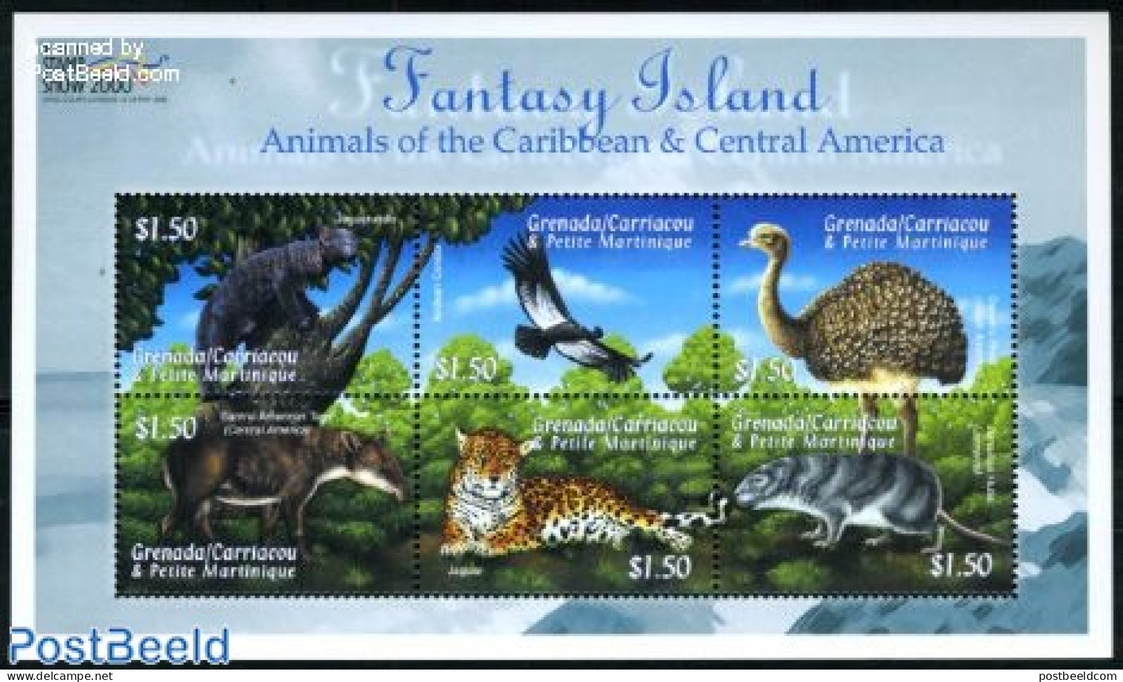 Grenada Grenadines 2000 Stamp Show, Animals 6v M/s, Jaguarundis, Mint NH, Nature - Animals (others & Mixed) - Birds - .. - Grenada (1974-...)