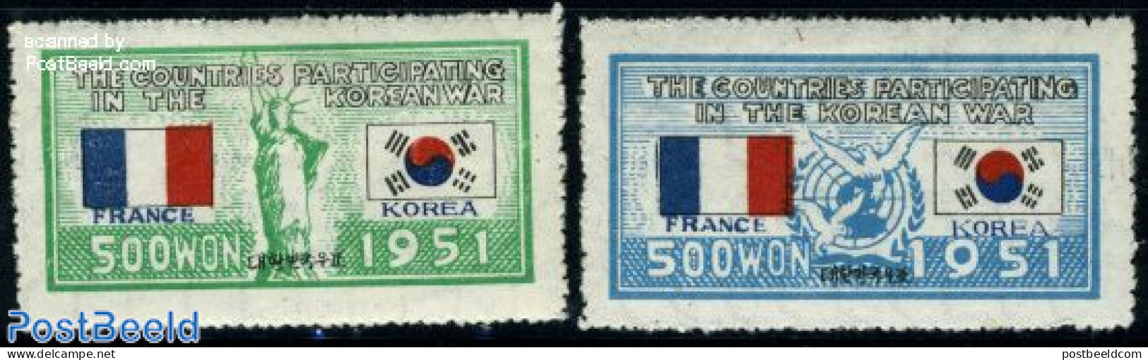 Korea, South 1951 UNO War Support, France 2v, Mint NH, History - Nature - Flags - United Nations - Birds - Korea, South