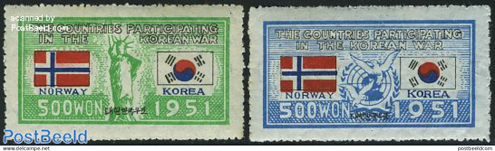 Korea, South 1951 UNO War Support, Norway 2v, Unused (hinged), History - Nature - Flags - United Nations - Birds - Korea, South