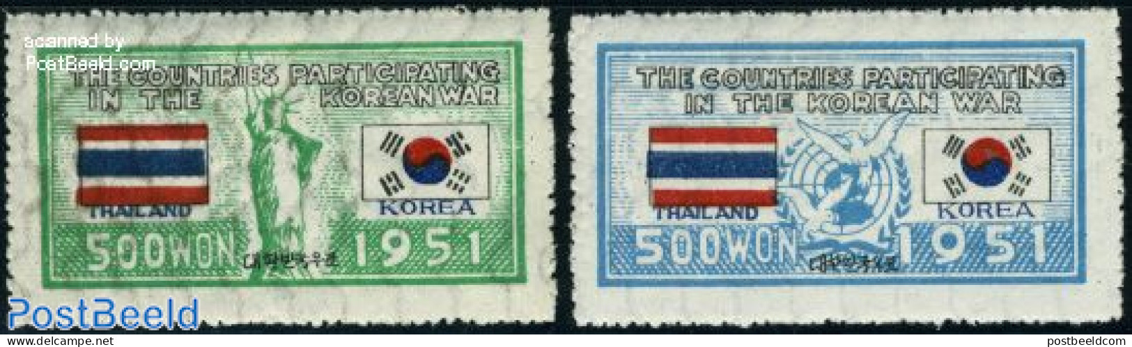 Korea, South 1951 UNO War Support, Thailand 2v, Mint NH, History - Nature - Flags - United Nations - Birds - Korea, South