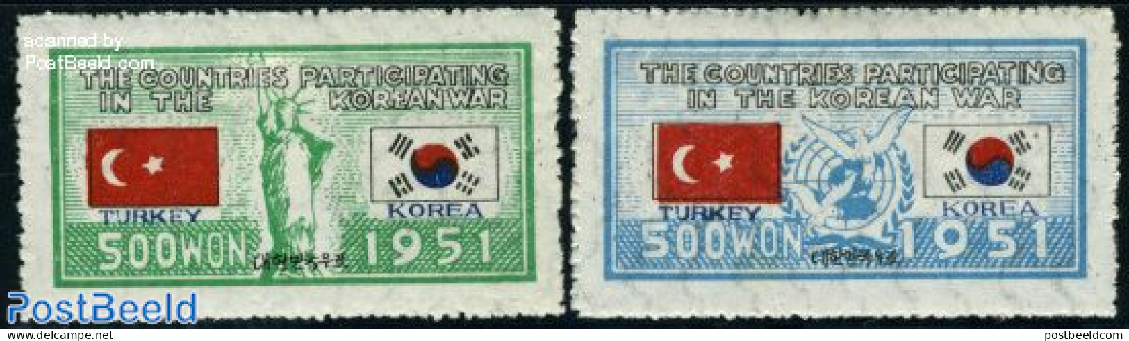 Korea, South 1951 UNO War Support, Turkey 2v, Mint NH, History - Nature - Flags - United Nations - Birds - Corée Du Sud