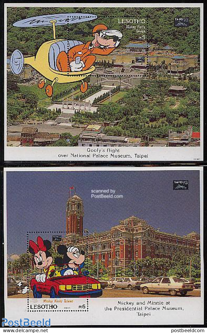 Lesotho 1993 TAIPEI 93, Disney 2 S/s, Mint NH, Transport - Philately - Automobiles - Helicopters - Art - Disney - Voitures