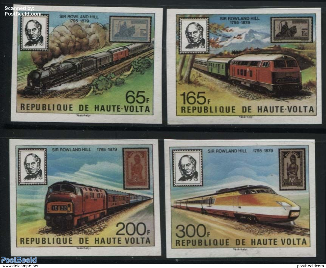 Upper Volta 1979 Sir Rowland Hill 4v, Imperforated, Mint NH, Transport - Sir Rowland Hill - Stamps On Stamps - Railways - Rowland Hill