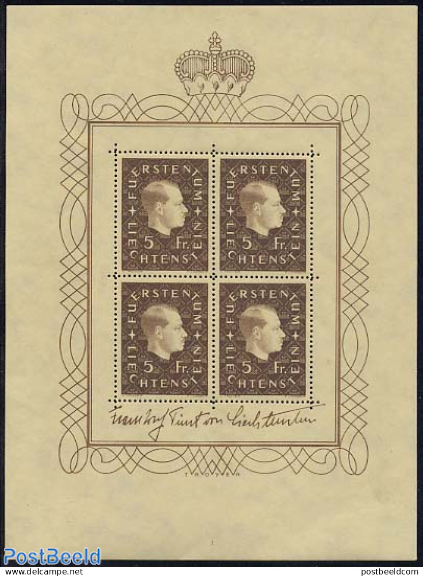 Liechtenstein 1939 Franz Josef II M/s, Unused (hinged), History - Kings & Queens (Royalty) - Nuevos