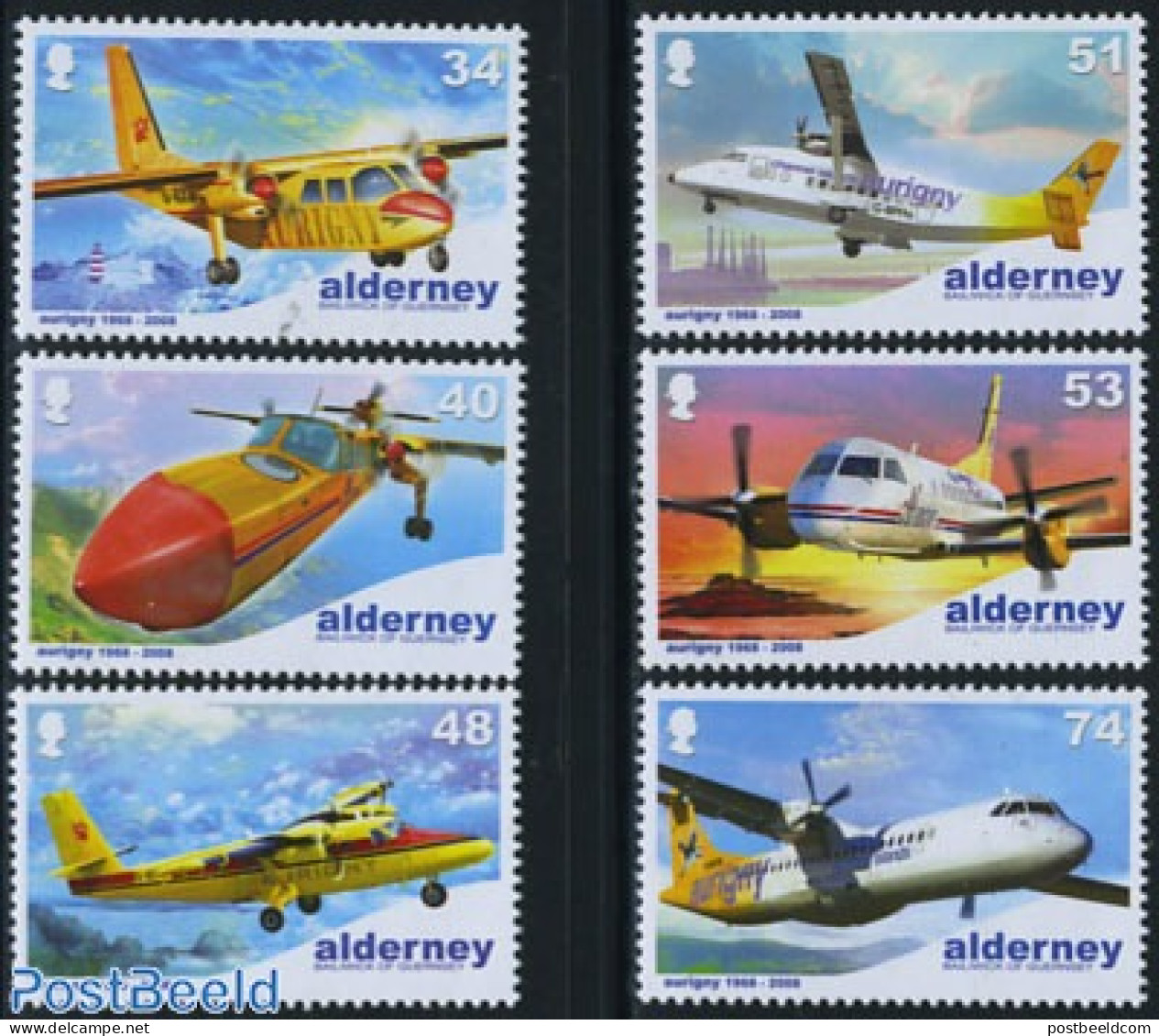 Alderney 2008 Aurigny Air Service 6v, Mint NH, Transport - Various - Aircraft & Aviation - Lighthouses & Safety At Sea - Airplanes