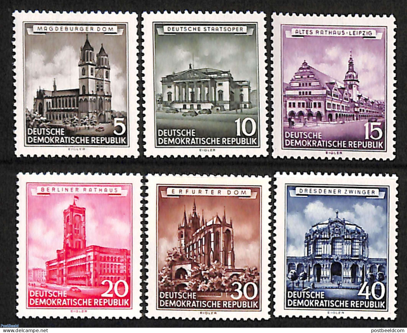 Germany, DDR 1955 Buildings 6v, Unused (hinged), Performance Art - Religion - Transport - Music - Churches, Temples, M.. - Neufs