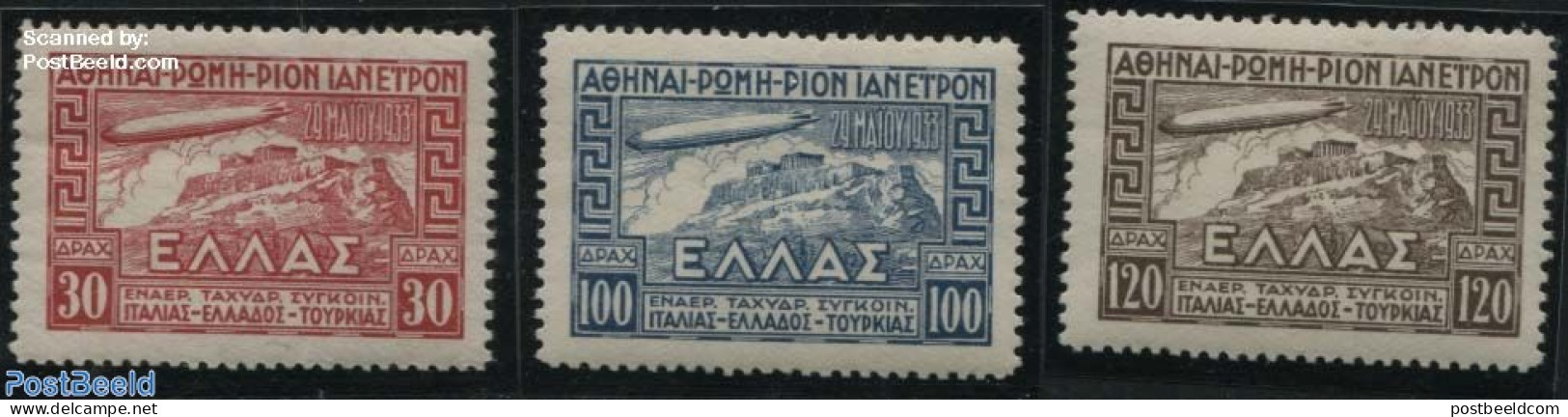 Greece 1933 Graf Zeppelin 3v, Unused (hinged), Transport - Zeppelins - Unused Stamps