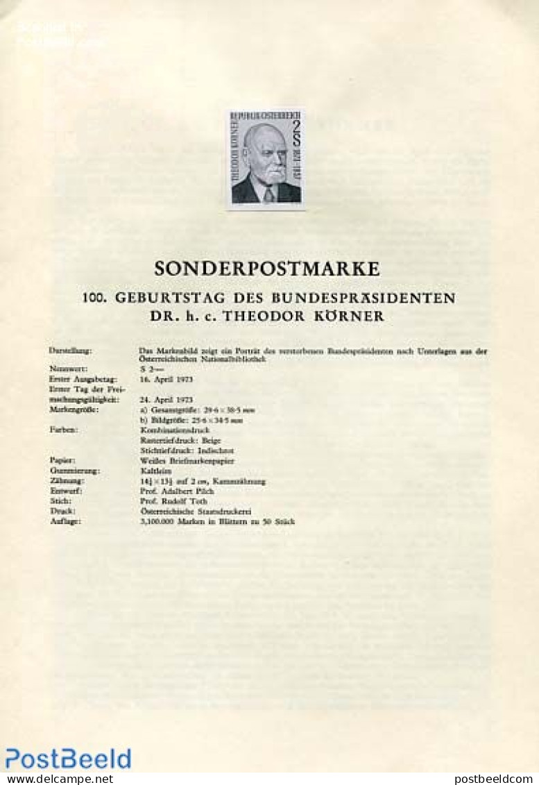 Austria 1973 TH. KORNER 1V  BLACKPRINT, Mint NH, History - Politicians - Neufs