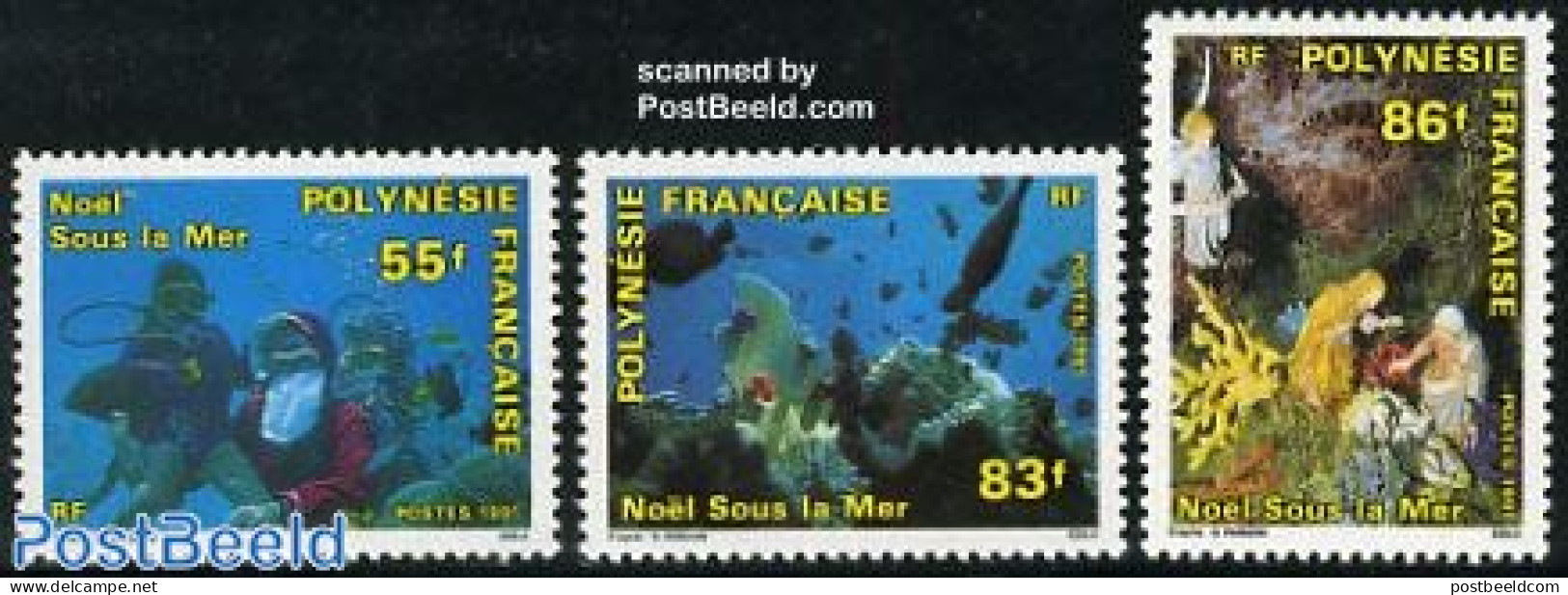 French Polynesia 1991 Christmas 3v, Mint NH, Nature - Religion - Sport - Fish - Christmas - Diving - Neufs