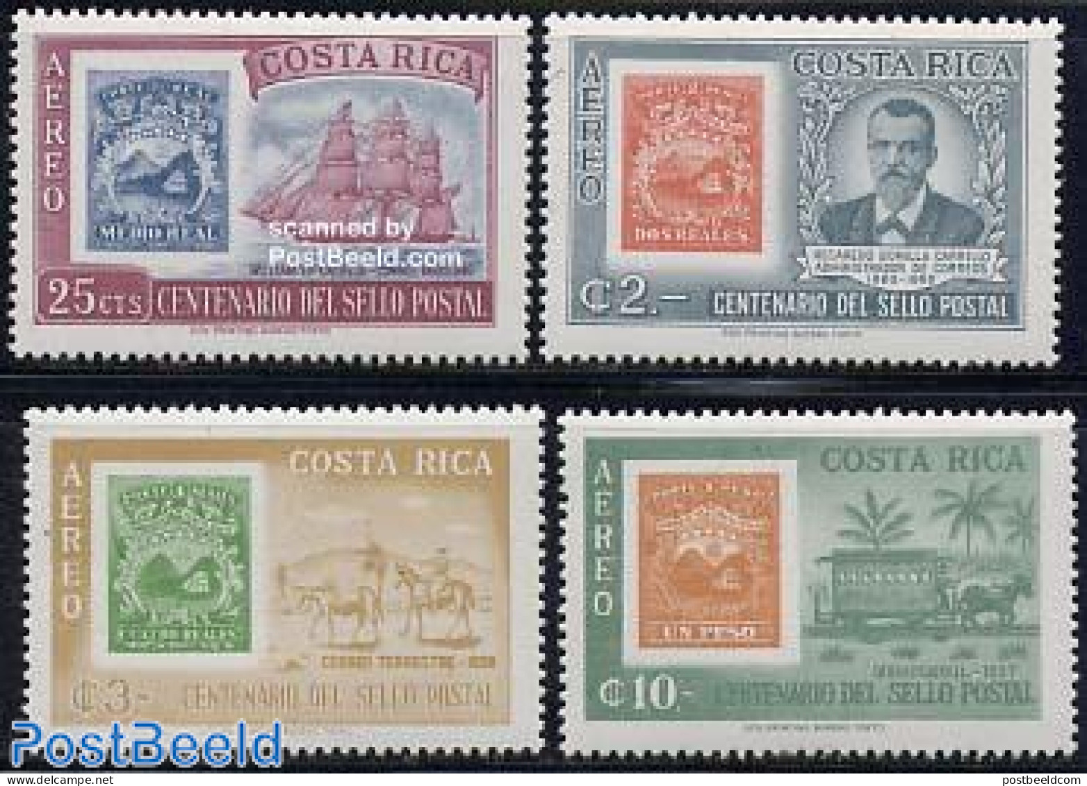 Costa Rica 1963 Stamp Centenary 4v, Mint NH, Transport - 100 Years Stamps - Stamps On Stamps - Railways - Ships And Bo.. - Briefmarken Auf Briefmarken