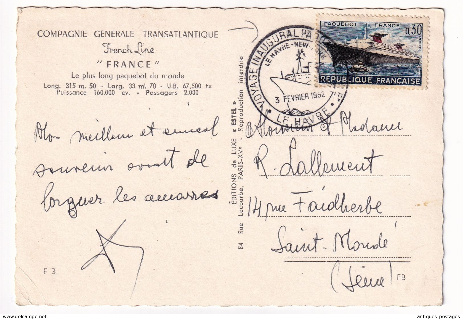 Paquebot France 3 Février 1962 Paris Voyage Inaugural Compagnie Générale Transatlantique  Le Havre New York French Line - Briefe U. Dokumente