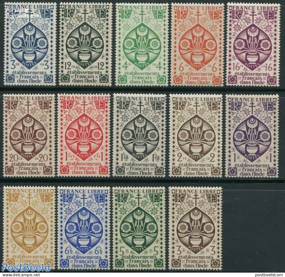 French India 1942 Lotus Flowers 14v, Mint NH, Nature - Flowers & Plants - Unused Stamps