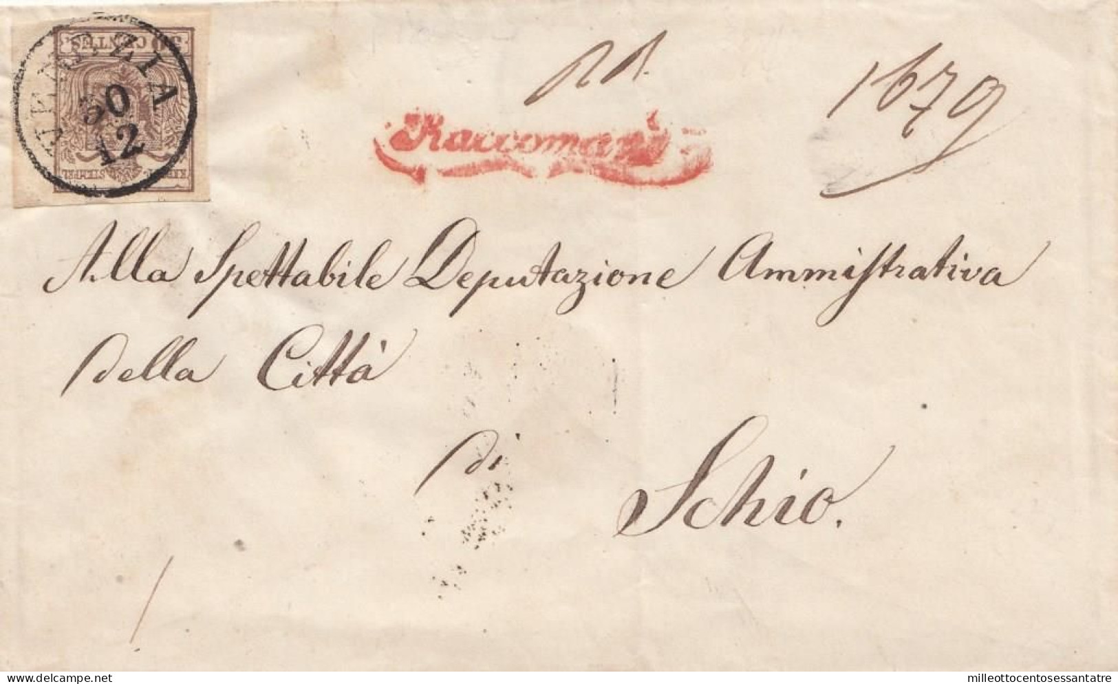 1785  -LOMBARDO VENETO - Busta Raccomandata Senza Testo Del 185? Da Venezia A Schio Con 2 Valori C. 30 Bruno - Lombardo-Vénétie