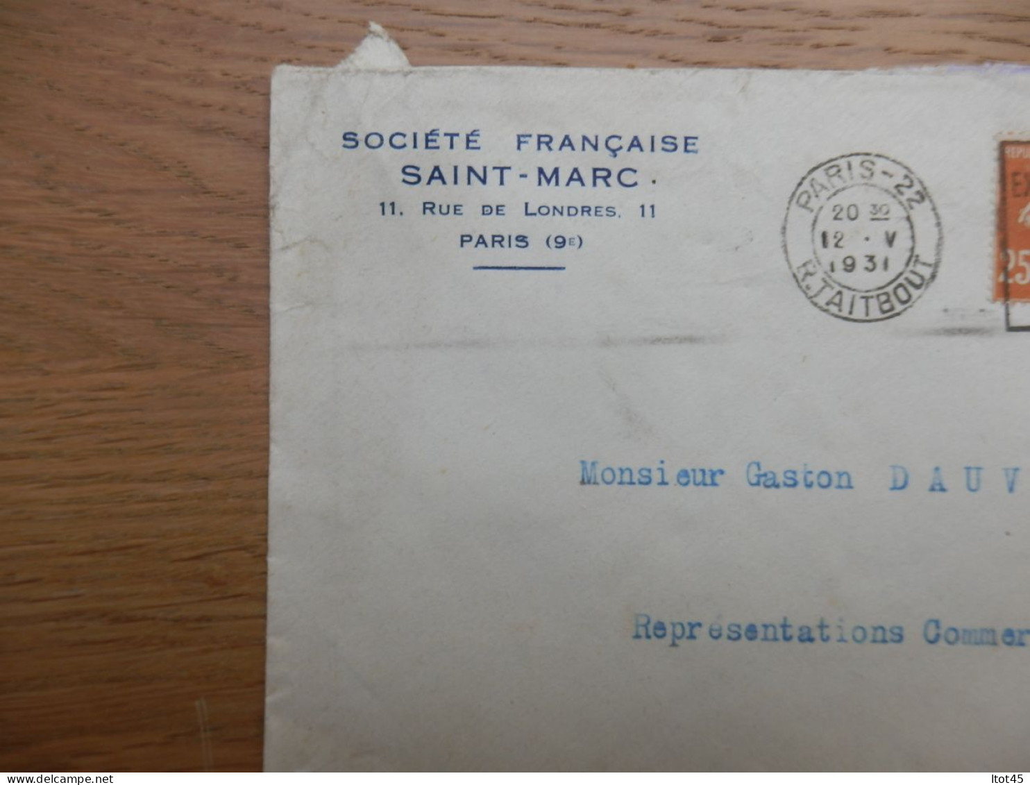 LOT DE 2 ENVELOPPES SOCIETE FRANCAISE SAINT MARC-PARIS 1931 - 1921-1960: Période Moderne