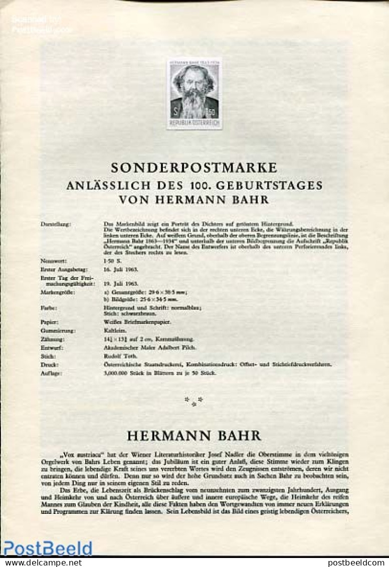 Austria 1963 H. BAHR 1V     BLACKPRINT, Mint NH, Art - Authors - Unused Stamps