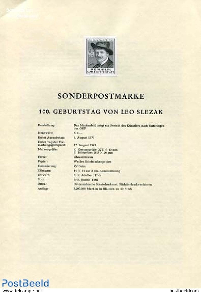 Austria 1973 LEO SLEZAK 1V  BLACKPRINT, Mint NH, Performance Art - Unused Stamps