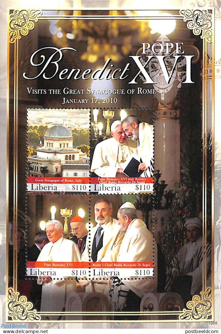 Liberia 2011 Pope Benedict XVI Visits The Rome Synagoge 4v M/s, Mint NH, Religion - Judaica - Pope - Religion - Jewish