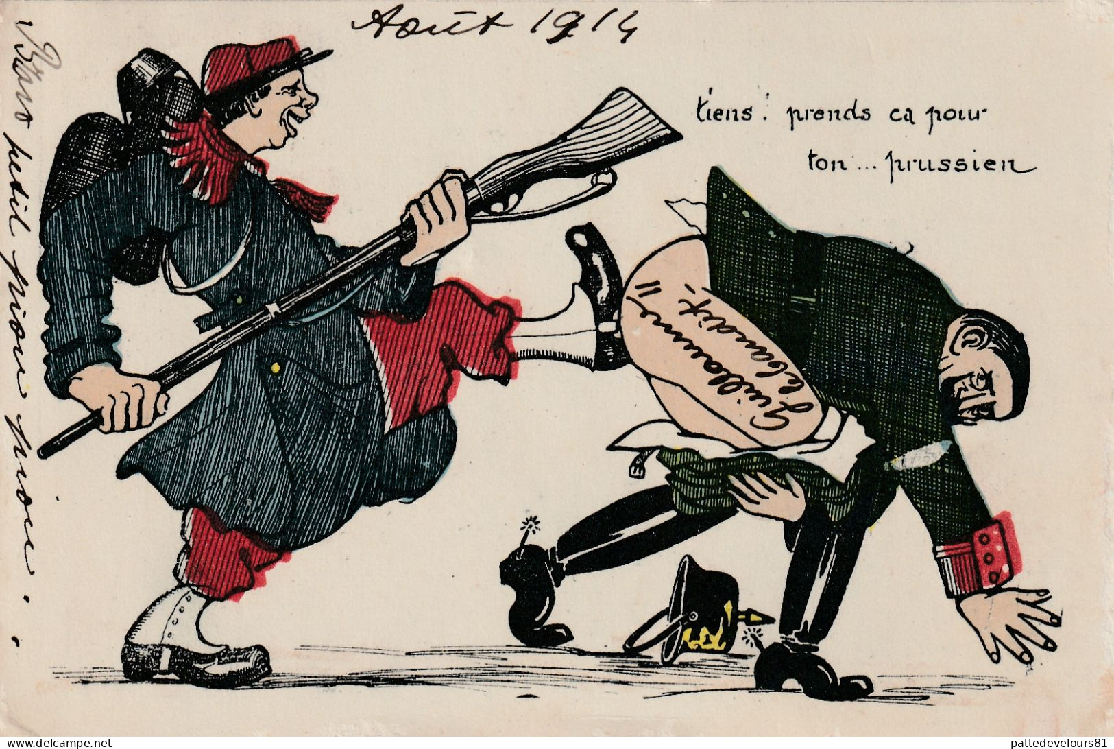 CPA Caricature Satirique Guerre 14 War Guillaume II Anti Kaiser Anti Boche Coup De Pied Aux Fesses Illustrateur - Humour