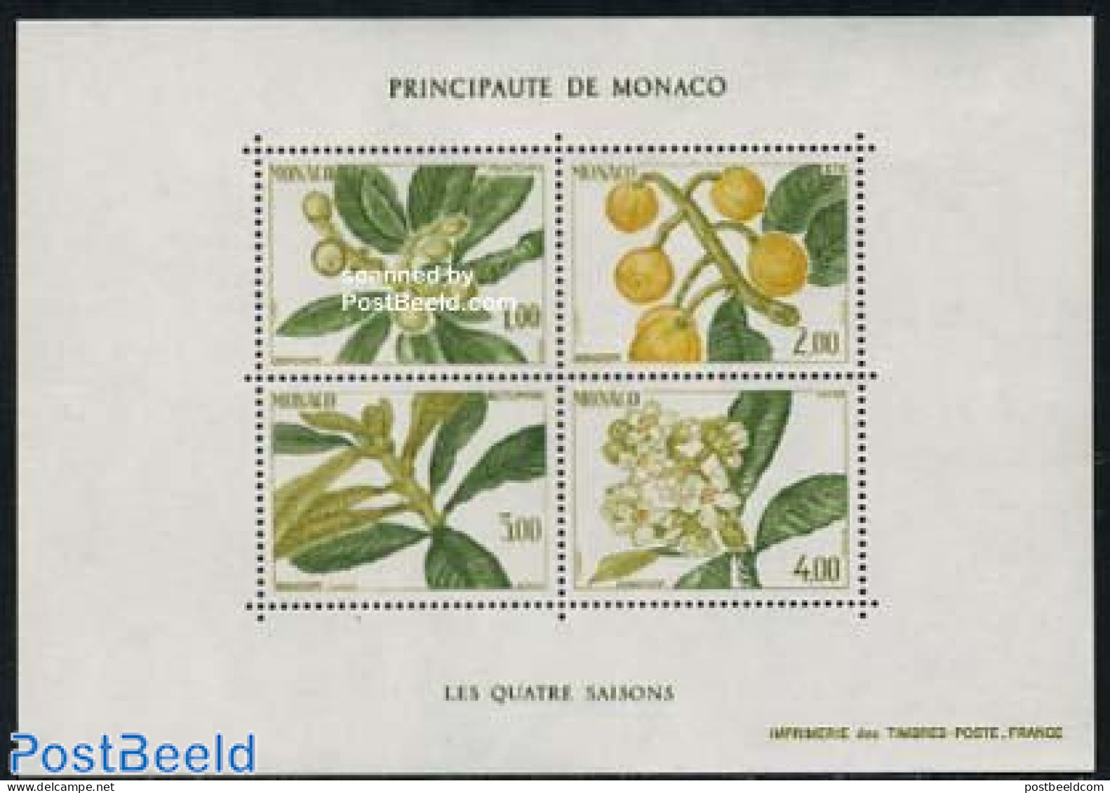Monaco 1985 Four Seasons S/s, Mint NH, Nature - Flowers & Plants - Fruit - Trees & Forests - Unused Stamps