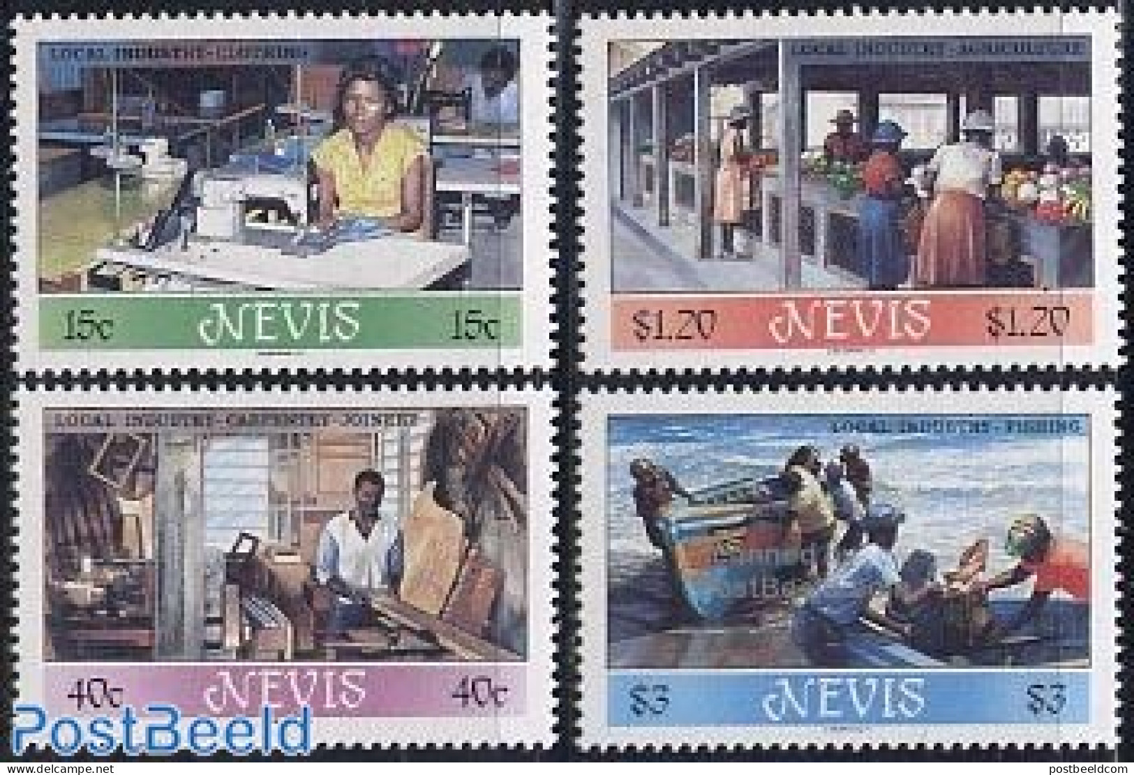 Nevis 1986 National Industry 4v, Mint NH, Nature - Transport - Various - Fishing - Ships And Boats - Industry - Street.. - Fishes