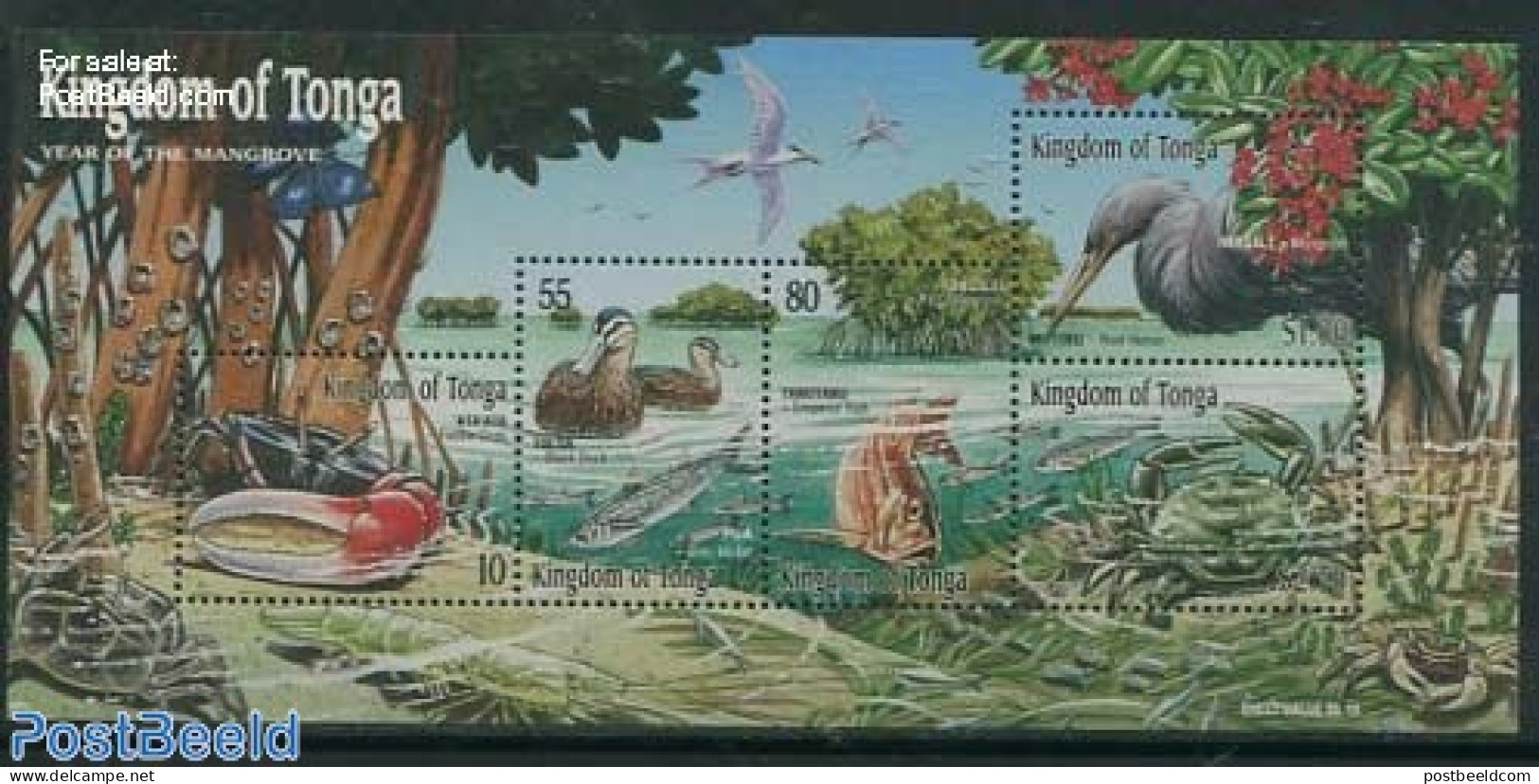 Tonga 2001 Mangrove Animals S/s, Mint NH, Nature - Birds - Butterflies - Ducks - Environment - Fish - Shells & Crustac.. - Umweltschutz Und Klima