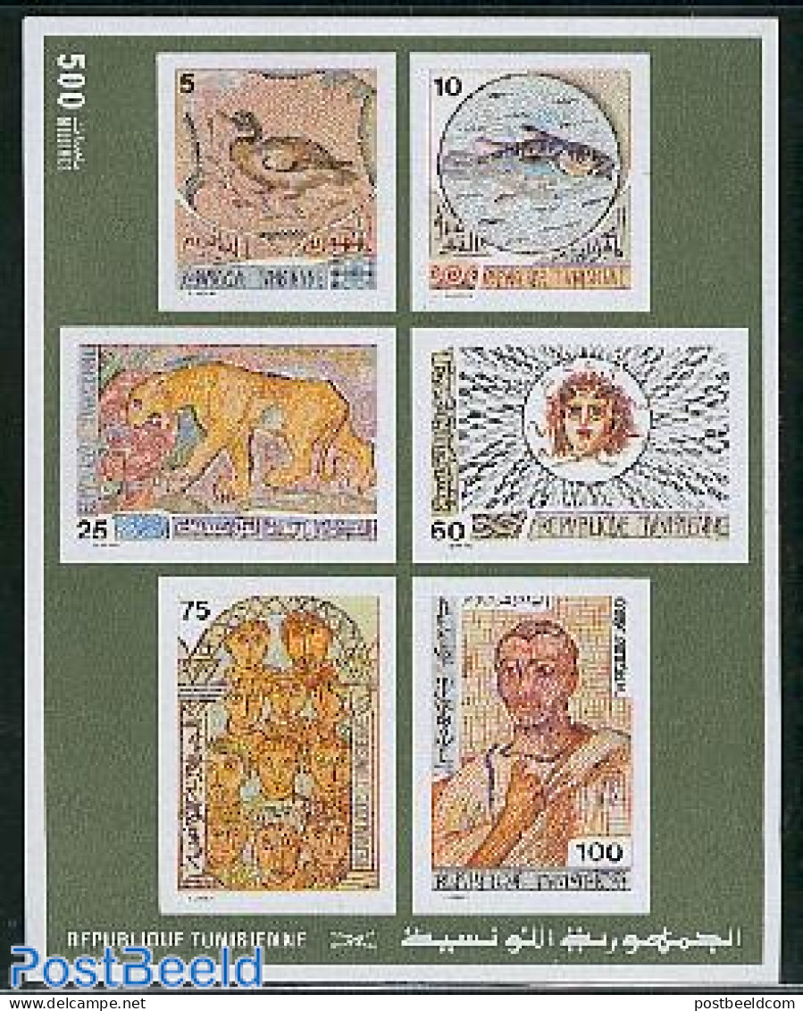Tunisia 1976 Mosaics Imperforated S/s, Mint NH, History - Nature - Archaeology - Birds - Cat Family - Fish - Art - Mos.. - Archéologie