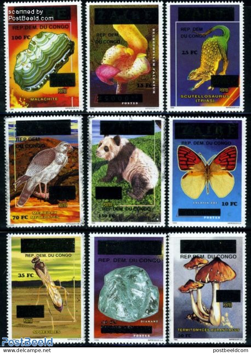 Congo Dem. Republic, (zaire) 2000 Overprints On Non-released Stamps 9v, Mint NH, History - Nature - Geology - Animals .. - Mushrooms
