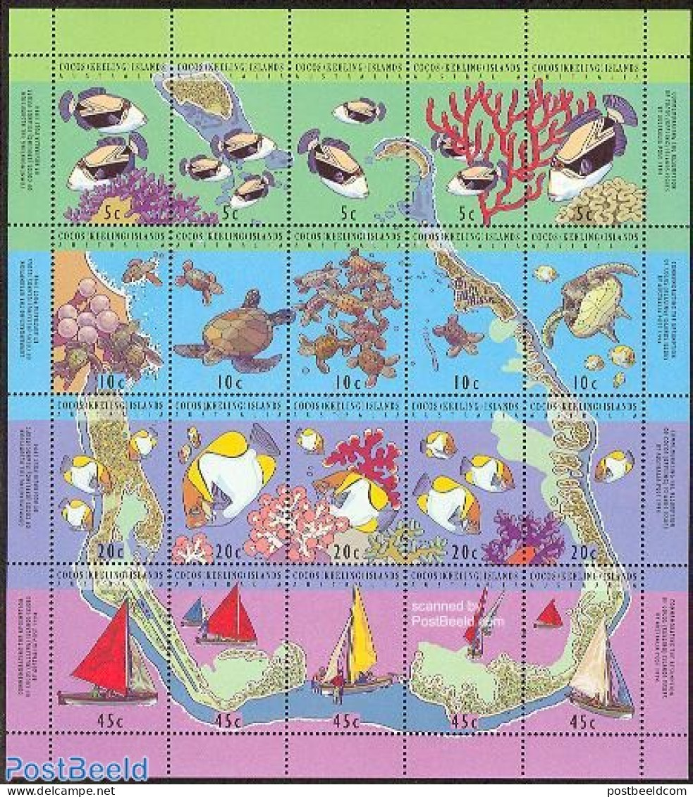 Cocos Islands 1994 Island Map 20v M/s, Mint NH, Nature - Transport - Various - Fish - Reptiles - Turtles - Ships And B.. - Fishes