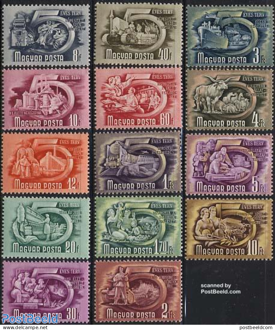 Hungary 1950 Definitives, 5 Years Plan 14v, Unused (hinged), Nature - Science - Sport - Transport - Various - Cattle -.. - Unused Stamps