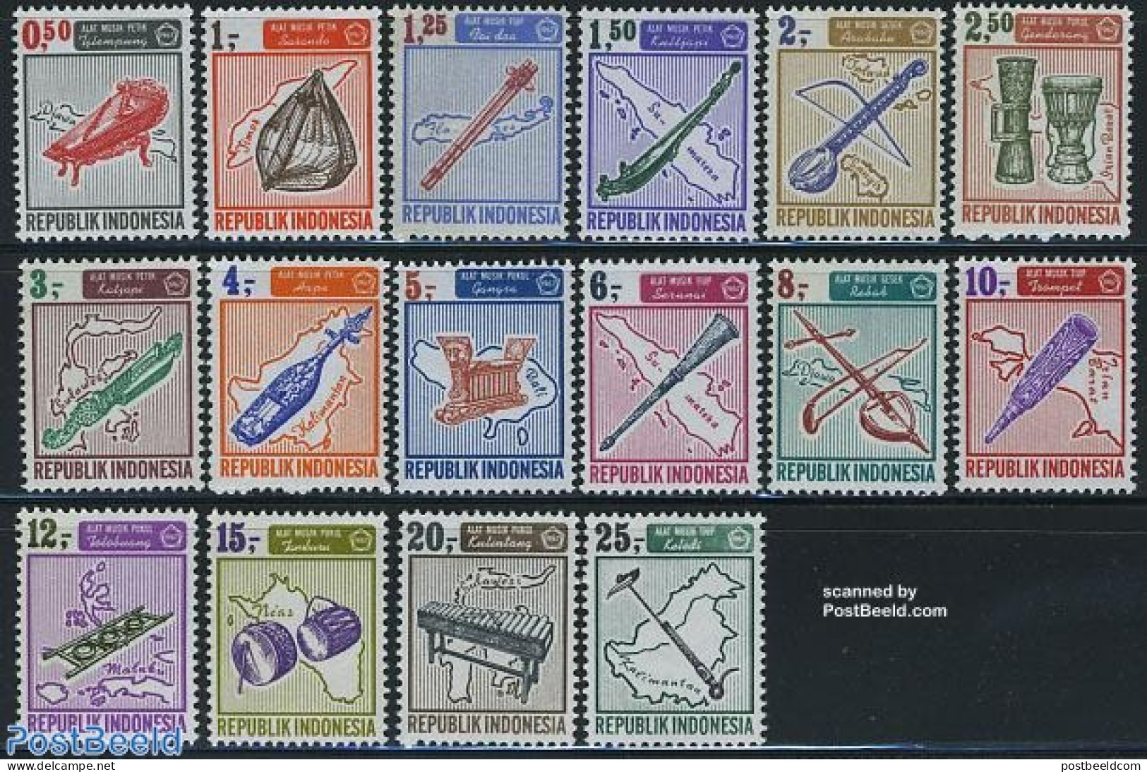 Indonesia 1967 Music Instruments 16v, Mint NH, Performance Art - Various - Music - Musical Instruments - Maps - Musique