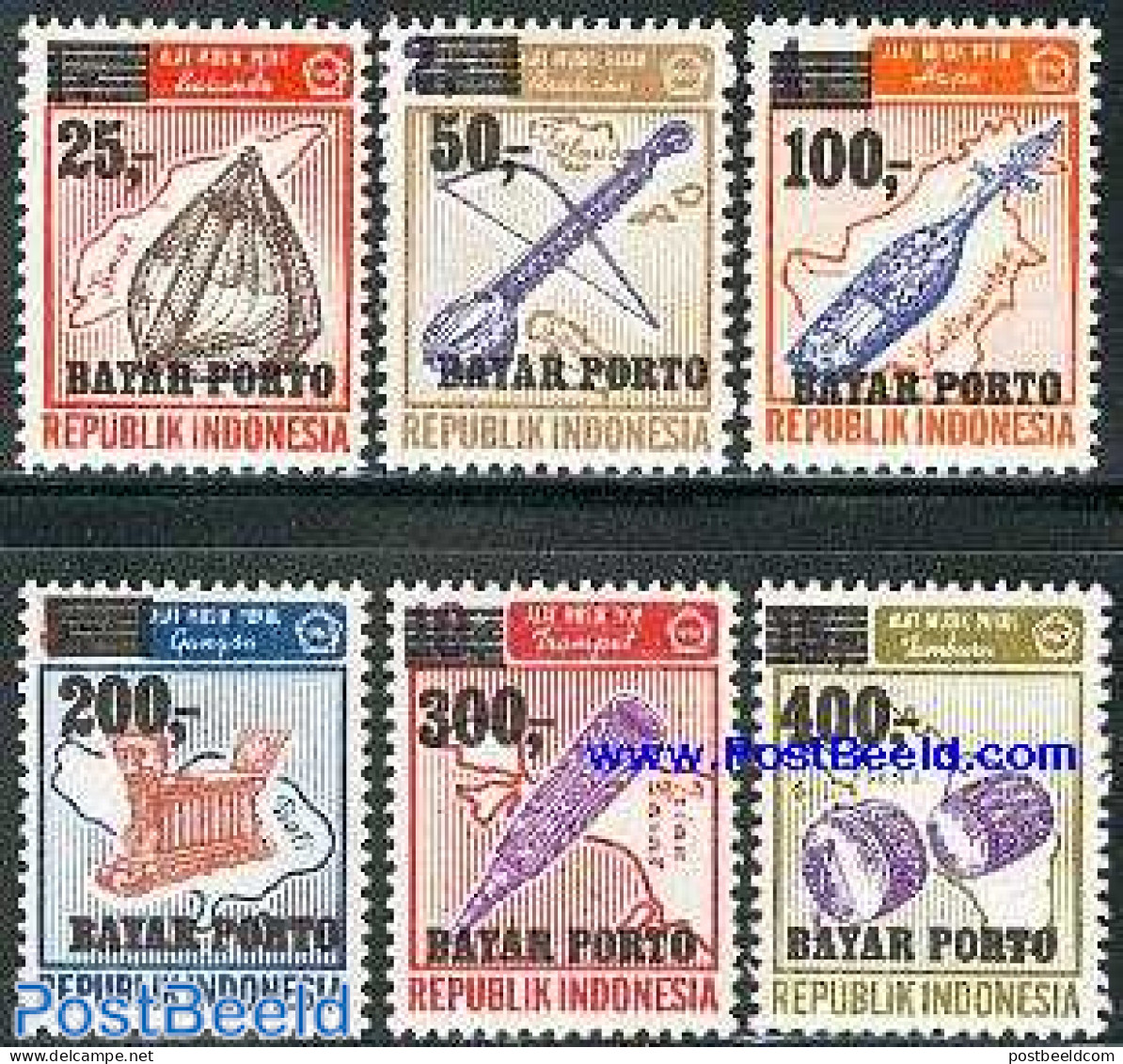 Indonesia 1978 Postage Due 6v, Mint NH, Performance Art - Various - Music - Musical Instruments - Maps - Music
