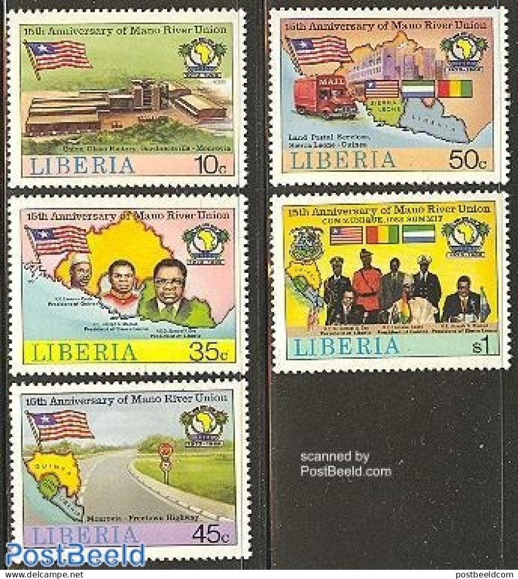 Liberia 1989 Mano River Union 5v, Mint NH, History - Transport - Various - Flags - Automobiles - Maps - Cars